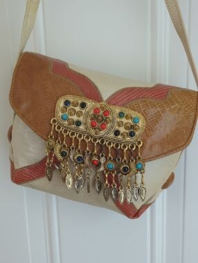 Sharif Vintage Leather Beaded Gem Cross Body Bag